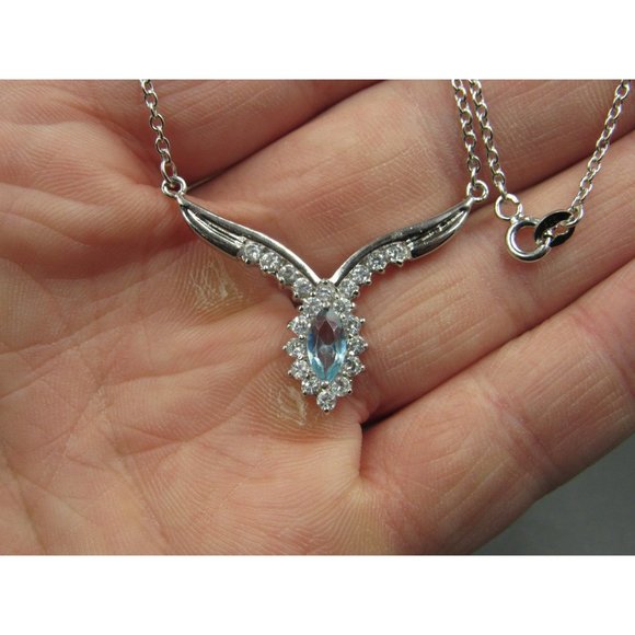18" Sterling Silver Blue Marquise CZ With Clear Accents Necklace Vintage Minimal - Picture 2 of 6